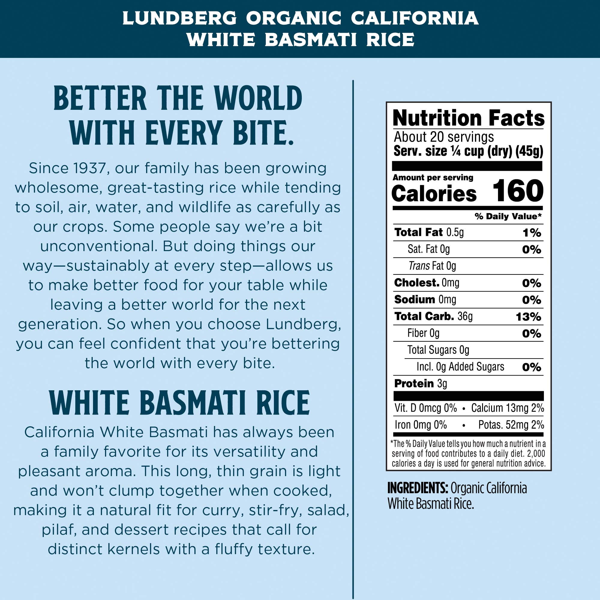 Lundberg Family Farms - Organic California White Basmati Rice, Pleasant Aroma, Fluffy Texture, Won't Clump When Cooked, Gluten-Free, Non-GMO, USDA Certified Organic, Vegan, Kosher (32 oz, 6-Pack)6