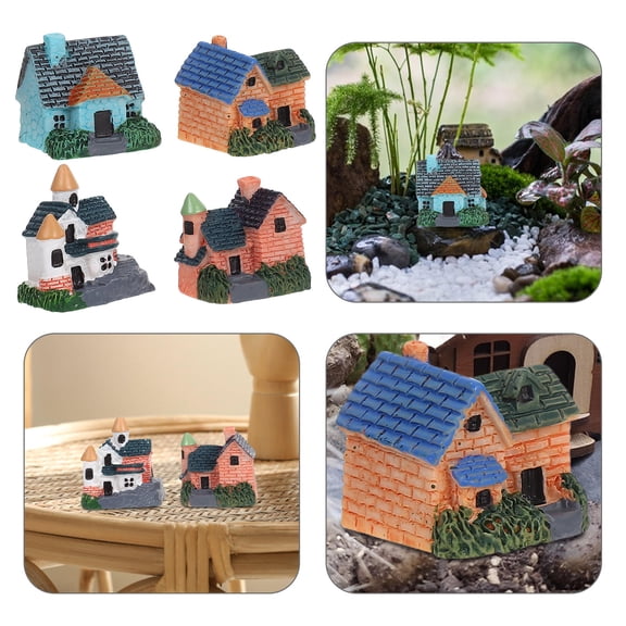 OUNONA 4pcs Miniature Resin Dollhouse Decor Set, Cottage-Shaped Multi Home Decorations for Garden Display