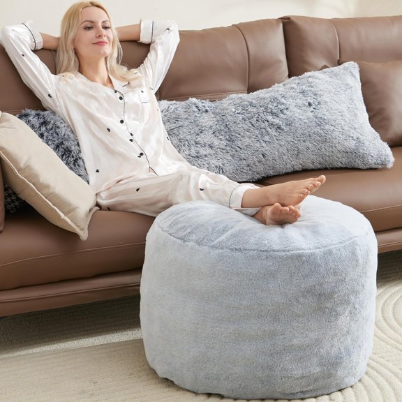 Boho Living Room Furniture 26"x18" Large Round Ottomans Pouf Couch Foot Rest Grey Pouf Ottoman Foot Rest with Foam Chunk Filling Pouffe Ottomans Stuffed Foot Rest Poufs for Couch