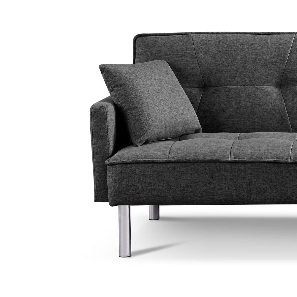 Tufted Futon Convertible Sofa Sleeper with Two Throw Pillows in Dark Grey Velvet