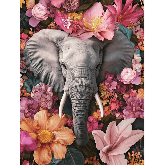 Elephant and Floral Canvas Art Print,Suitable for Living Room, Bedroom, Bathroom, Office, and Dining Room Decoration.