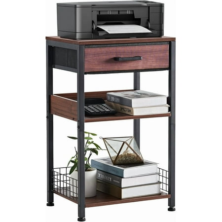 White Printer Stand with Fabric Drawer 3 Tier Industrial Side Table Modern Small Printer Desk Holder with Storage Shelf Multi-Functional Bedside Tables for Home Office Fax Machine Scann