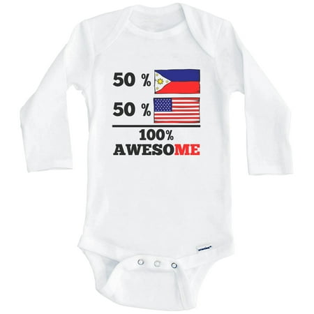 

50% Filipino 50% American 100% Awesome Funny Philippines Flag One Piece Baby Bodysuit (Long Sleeve) 0-3 Months White