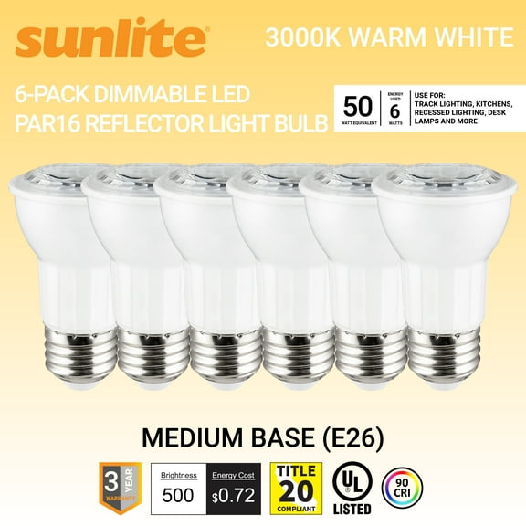 Sunlite LED PAR16 Reflector Light Bulb, 6 Watts (50W Equivalent), Medium E26 Base, Dimmable, ETL Listed, 3000K Warm White, 6-Pack