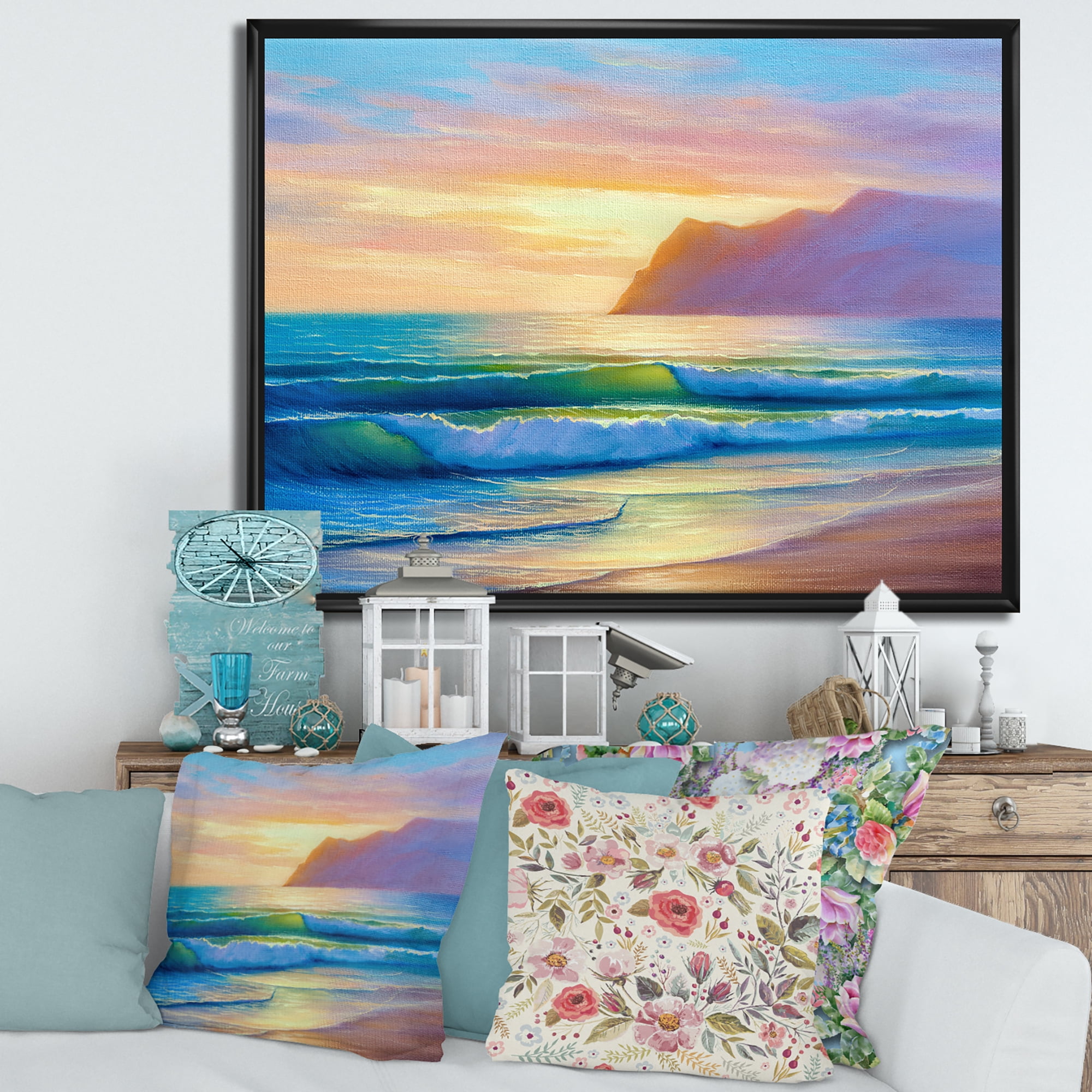 Designart 'Sunrise Glow On The Sea Waves IV' Nautical & Coastal Framed Canvas Wall Art Print