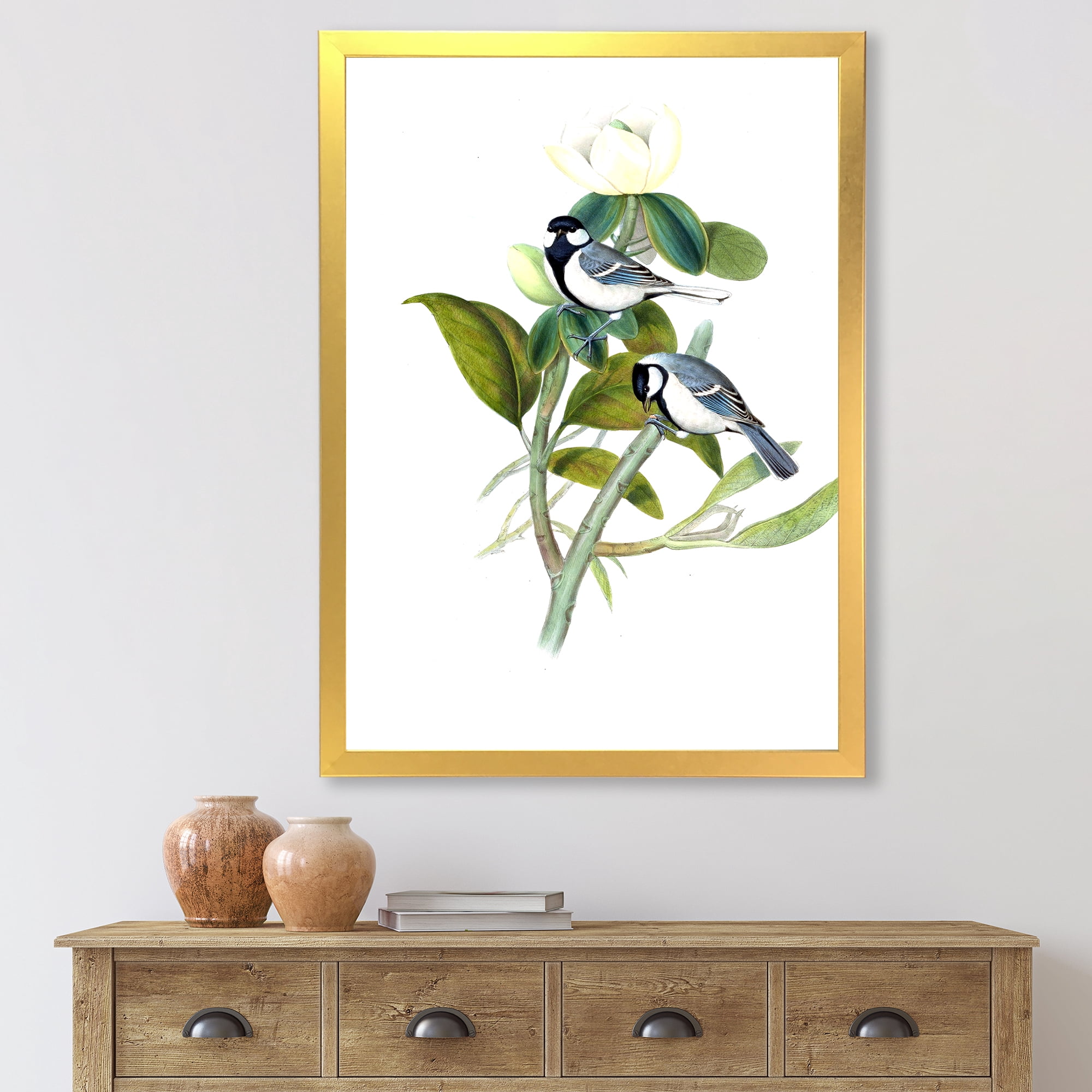 Designart 'Vintage Countryside Birds On Branch I' Farmhouse Framed Art Print