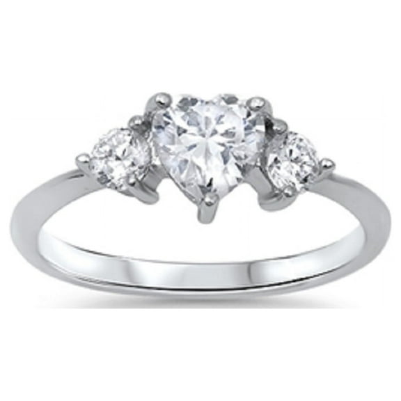 Three Stones Heart Center Cubic Zirconia Ring Sterling Silver 925