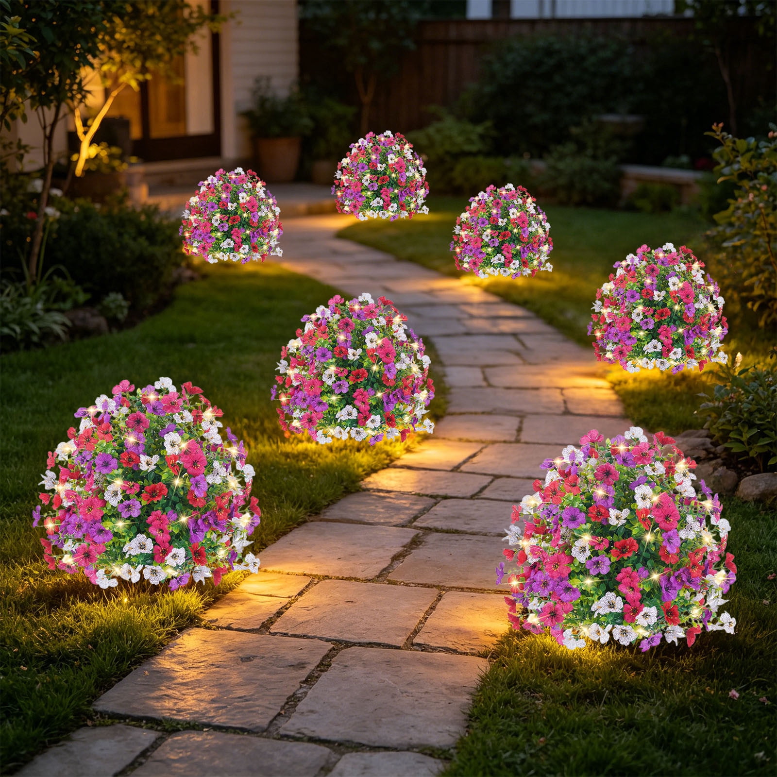 Roiihwy Violet Artificial Flowers for Outdoors, UV Resistant Artificial Outdoor plants Bouquet with LED String Lights and Ground Spike for Outside Porch Patio Home Garden Yard Decor