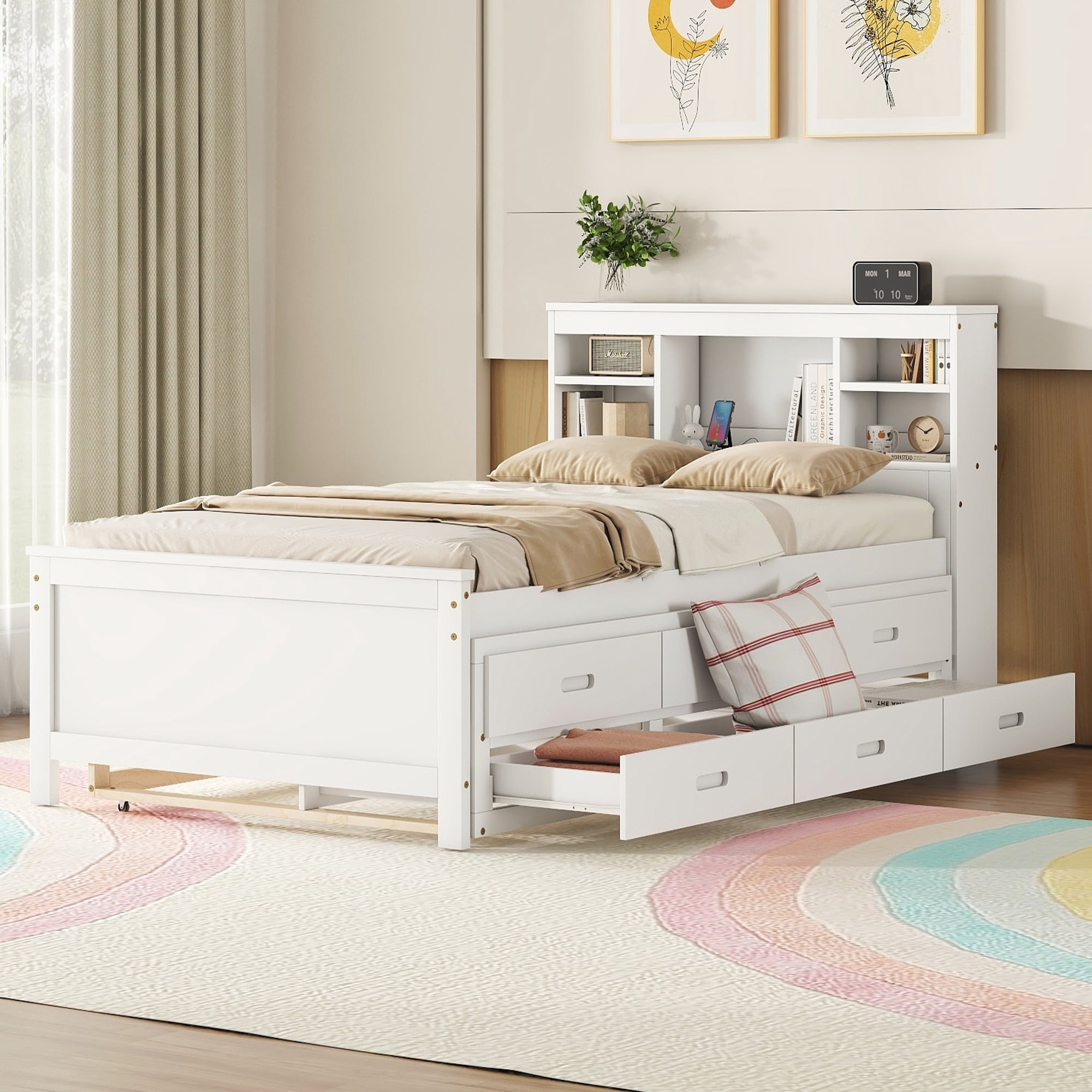 Euroco Wood Twin Size Platform Bed with Storage Headboard, Trundle Bed and 3 Drawers, USB Charging and Shleves for Kids Teens, White