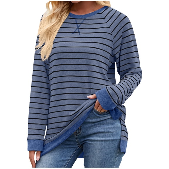 UYISJ Womens Oversized Sweatshirts Fall Long Sleeve Striped Pullover Casual Crewneck Color Blocked Tops Comfy Navy L