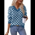 thumbnail image 2 of Suéter Corto A Cuadros para Mujer, Cuello en V, Larga, Jersey de Punto Azul M, 2 of 9