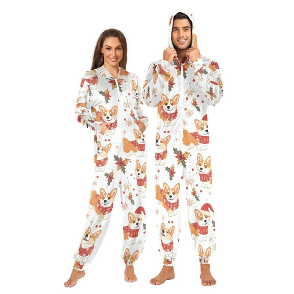 Adult Christmas Onesie Christmas Corgi Adult Zipper One-Piece Pajamas Unisex Pajamas with Pockets