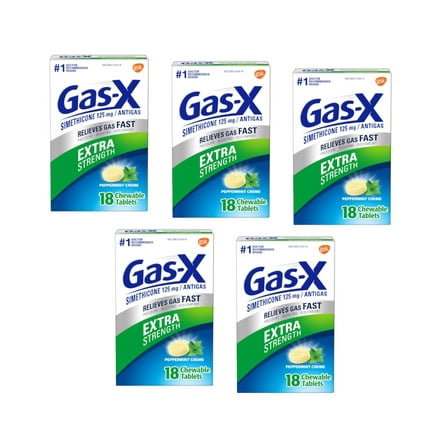 5 Pack - Gas-X Chewables Extra Strength Peppermint Creme 18 Tablets Each