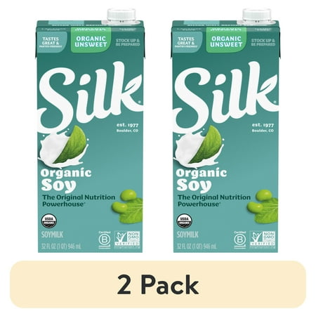 (2 pack) Silk Organic Soymilk, Unsweetened, 32 fl oz