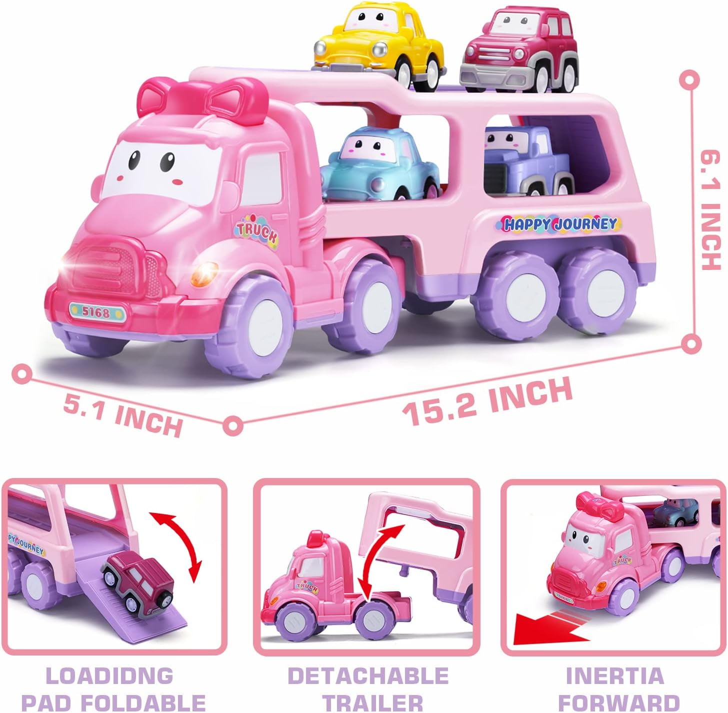 PayUSD Cartoon Vehicle Toy for Toddler Girl 5-in-1 Pink Carrier Truck for Baby Girls Friction Power Transport Car with Light and Sound Toys for 3 Years Little Girl Kid Child Infant Gift Birthday