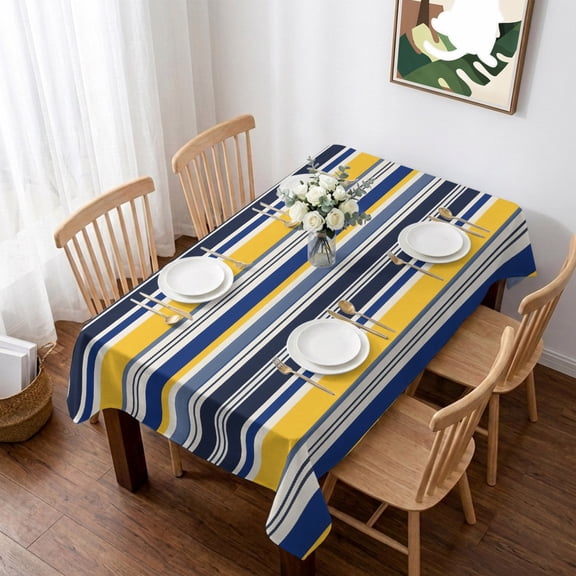 Navy Blue Yellow Striped Table Cloth Waterproof Tablecloths, Farmhouse Vintage Stripe Tablecloth Dining Table Cover for Kitchen Party Tabletop Outdoor, Rectangle Tablecloth 60x84 Inch