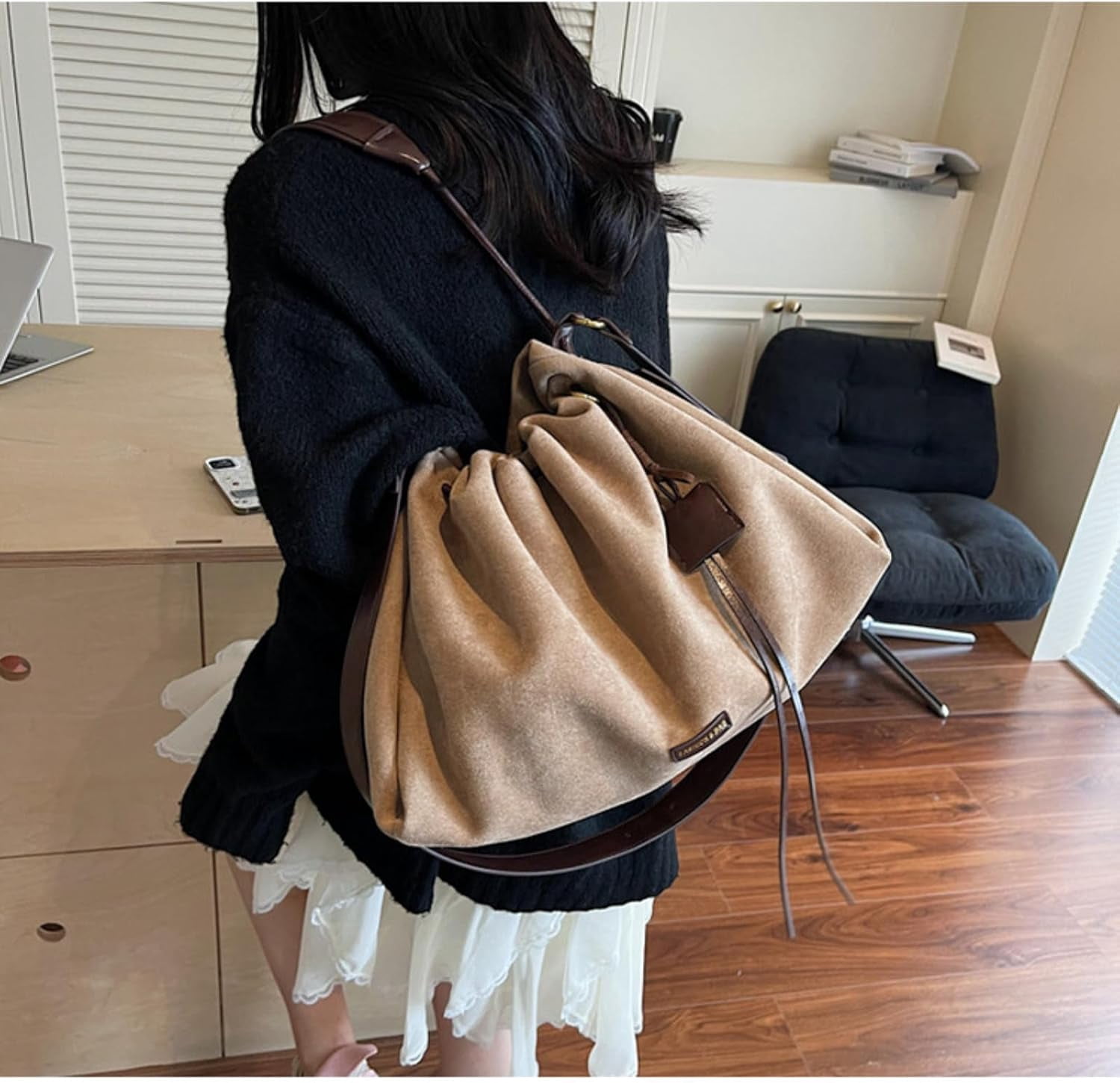 SPEKSEE Suede Bag for Woman Faux Suede Large Satchel Crossbody Tote Purse Drawstring Vintage Fall Winter Hobo Handbag