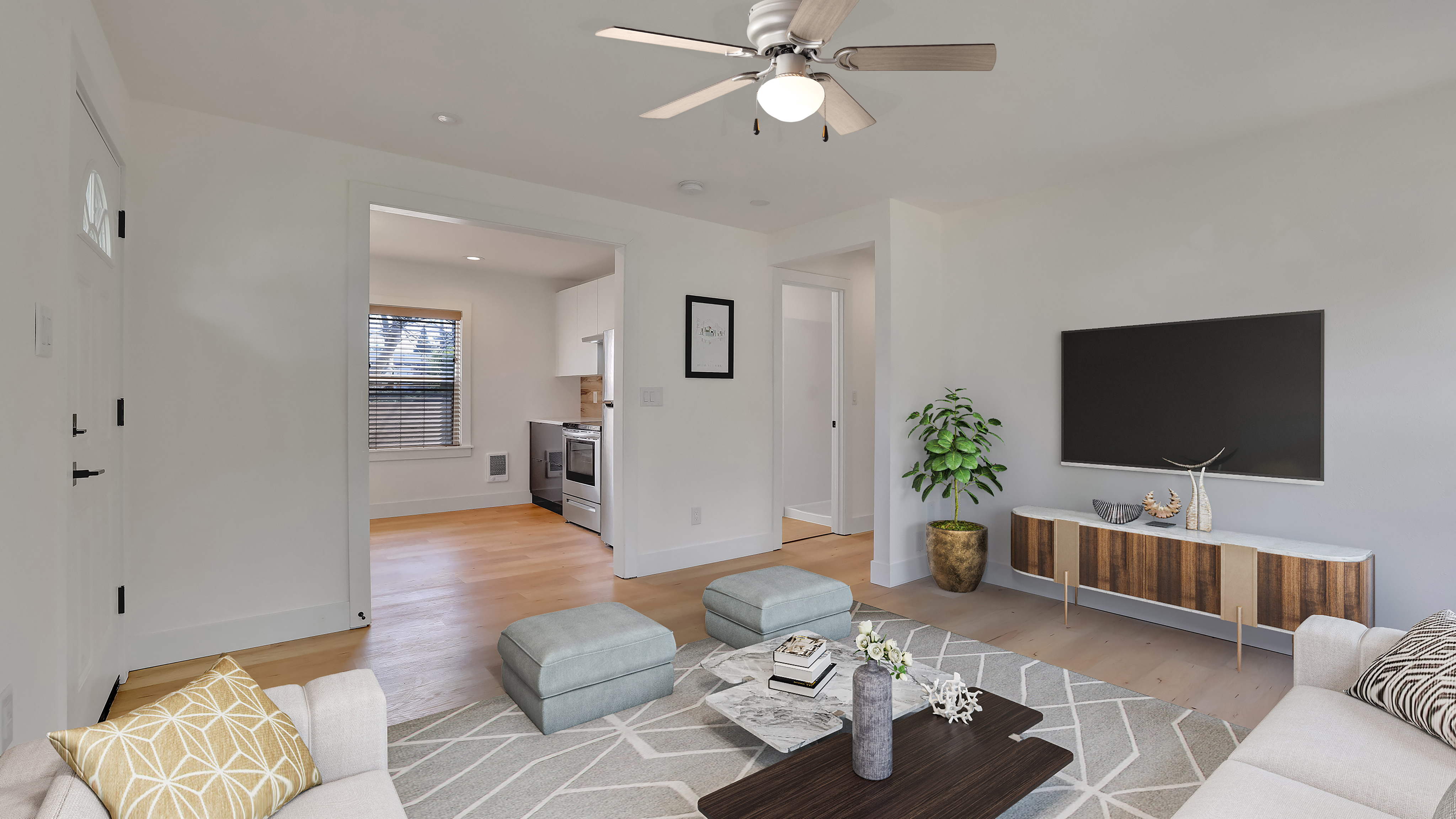 MAINSTAYS 44 INCH HUGGER INDOOR CEILING FAN WITH LIGHT KIT, SATIN NICKEL, 5 BLADES, REVERSE AIRFLOW