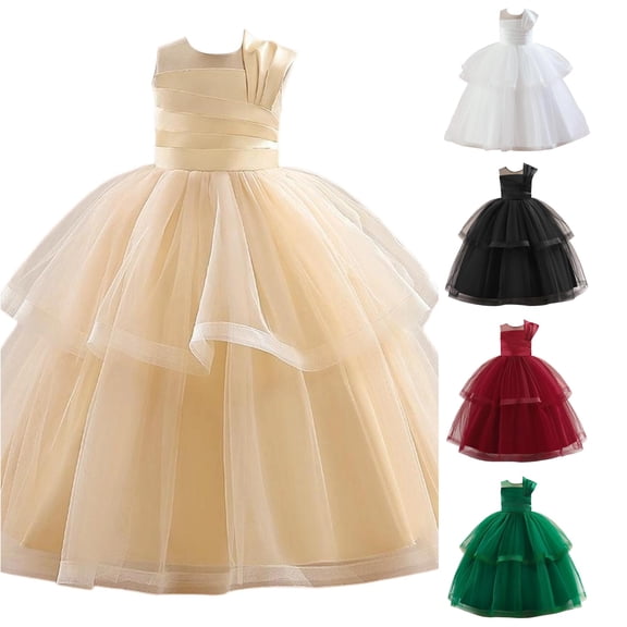 WERYOUNG Elegant Girls Party Dresses Sleeveless Crewneck Formal Gown Solid Color Mesh Back To School Dresses For Girls Kids Party Breathable Sundresses 5-6 Years