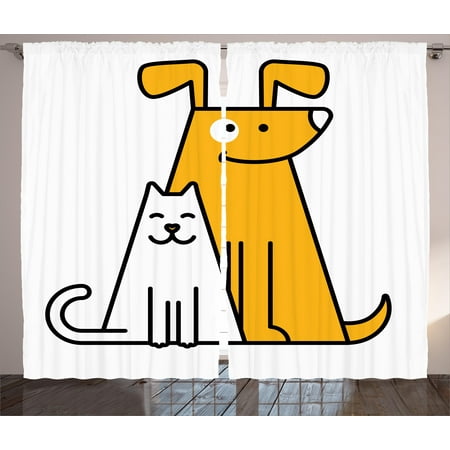 Cartoon Curtains 2 Panels Set, Cats and Dogs Human Best Friends Forever Kids Nursery Room Art Print, Window Drapes for Living Room Bedroom, 108W X 63L Inches, Black White and Apricot, by