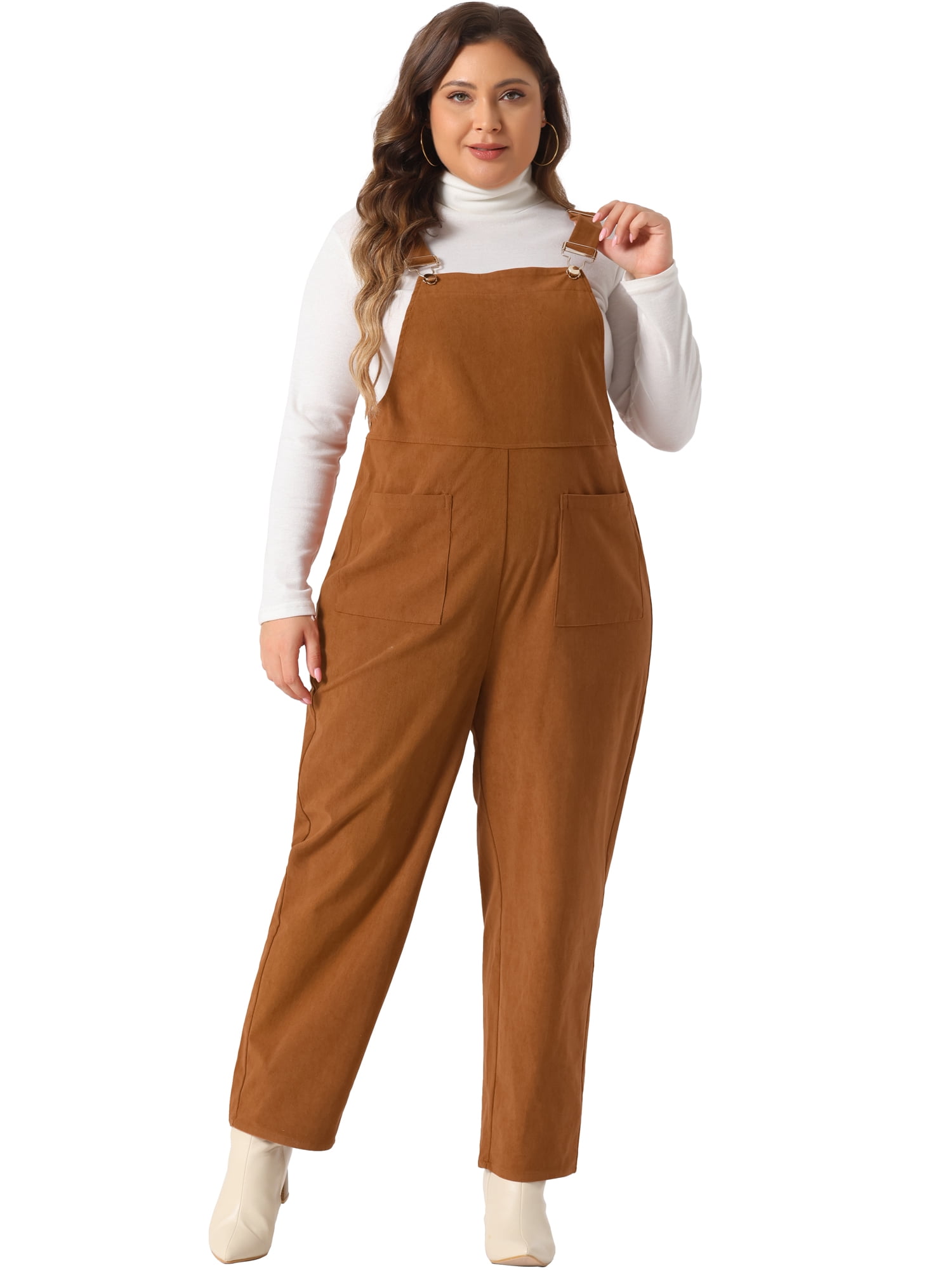 DARING DIVA Women's Plus Corduroy Overalls Casual Jumpsuit with Pockets 2X Caramel