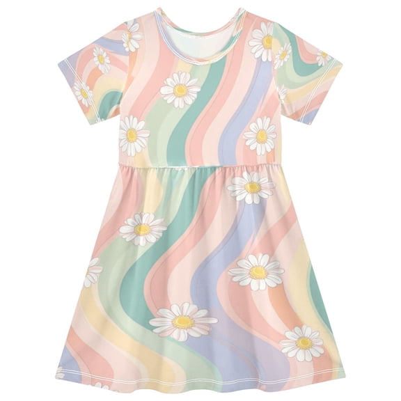 Girls Short Sleeve A-Line Dress Pastel Rainbow Colors Pattern Play Dress Sizes 2T