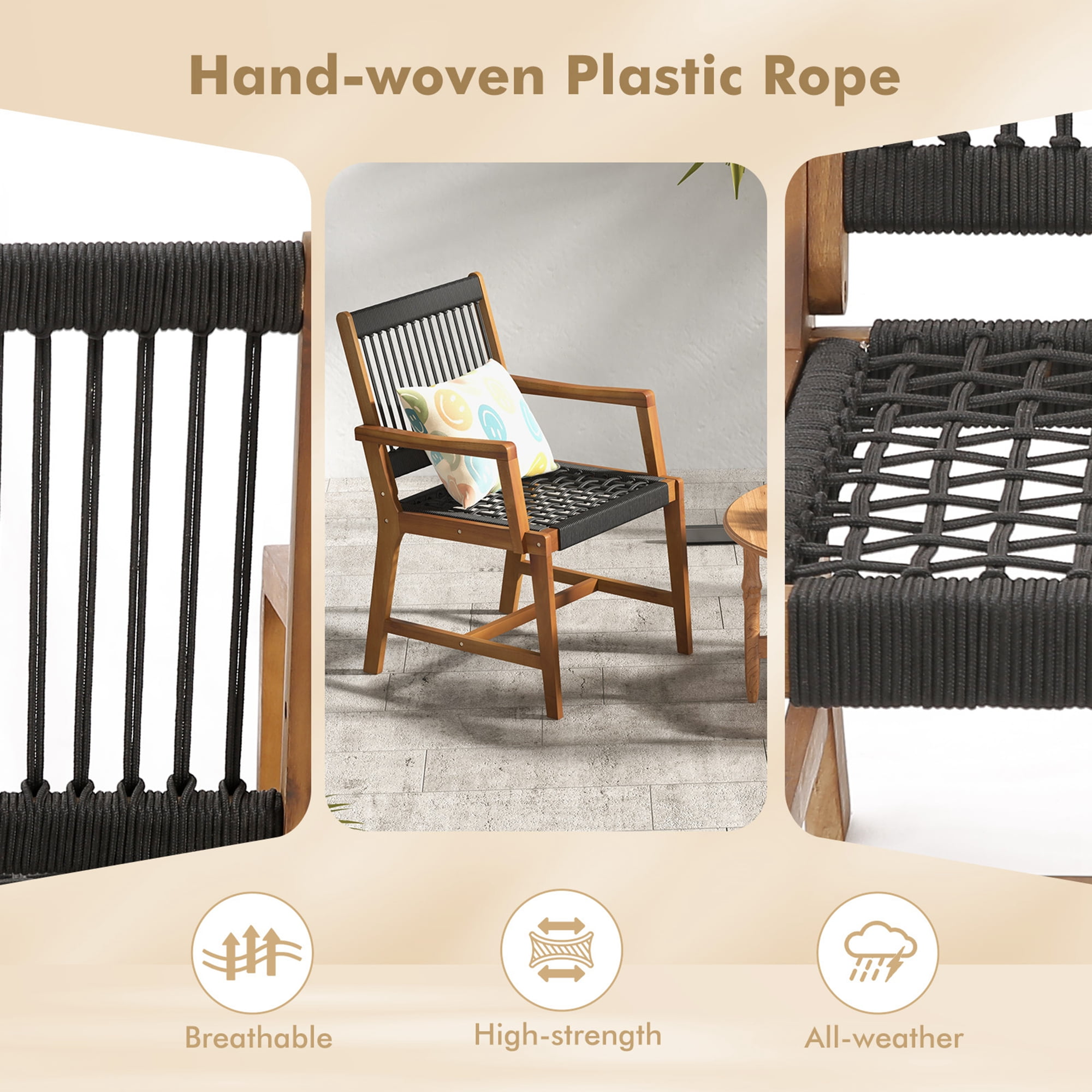 Costway Patio 2pcs Acacia Wood Dining Chairs All-Weather Rope Woven Armchairs Outdoor