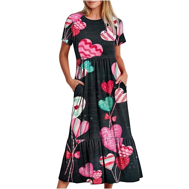 Jusqu'à 65 % de Réduction! Robes d'Été Mode pour Femmes 2024 Grande Taille Décontractée Manches Courtes Col Rond Robe Fluide à Étages Robe de Plage avec Poches Robe Imprimée de la Saint-Valentin