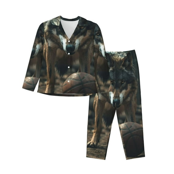 Xecao Wolf With Basketball Print Women Pajamas Set Soft Sleepwear Pjs long Sleeve Button Down Nightwear with Long Pants