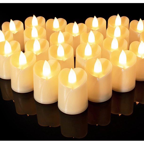 Homemory Paquete de 24 velas votivas parpadeantes sin llama, velas falsas eléctricas de más de 200 horas, candelita LED con pilas para bodas, exteriores, mesa, festivales (blanco cálido, batería inclu