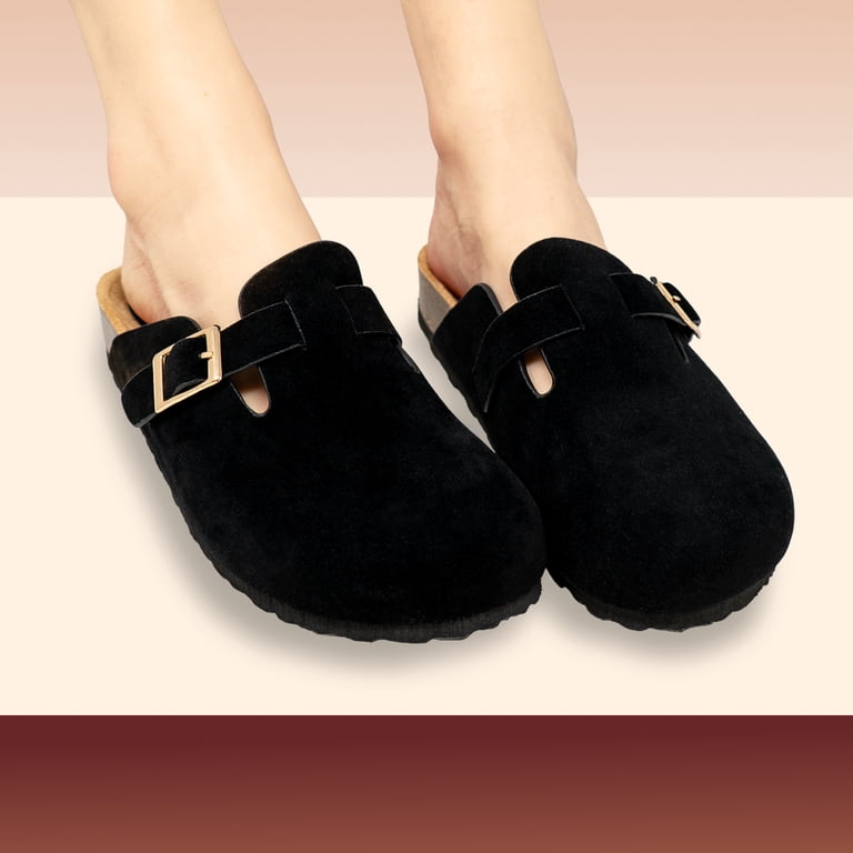 Chase & Chloe Women's Suede Clogs Adjustable Buckle Mules Cork