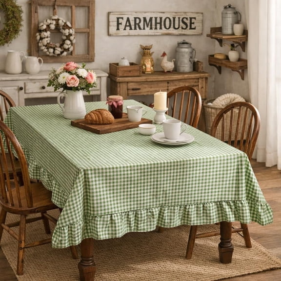 Fennco Styles Farmhouse Green Gingham Ruffled Tablecloth, Cottage Plaid Dining Table Cover with Ruffle Edge for Dining Room Décor, Holidays, and Special Events, 56" X 56"