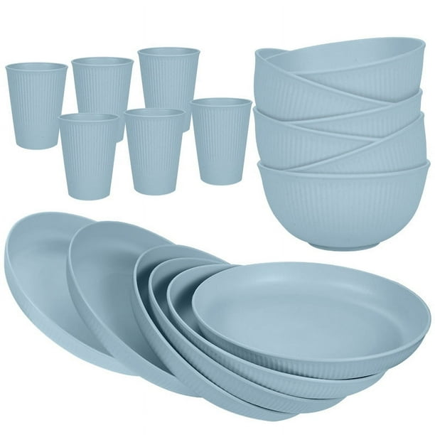 XmhyTop-A Juego de platos de 18 piezas, Vajilla para comidas familiares, vajilla de cocina de paja de trigo, para 6 personas, color azul