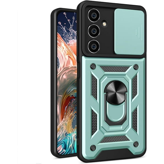 for Samsung Galaxy S23 FE Case with Slide Camera Cover for Men, Military Grade Drop Phone Cover Case with Ring Kickstand for Samsung Galaxy S23 FE SJ Green
