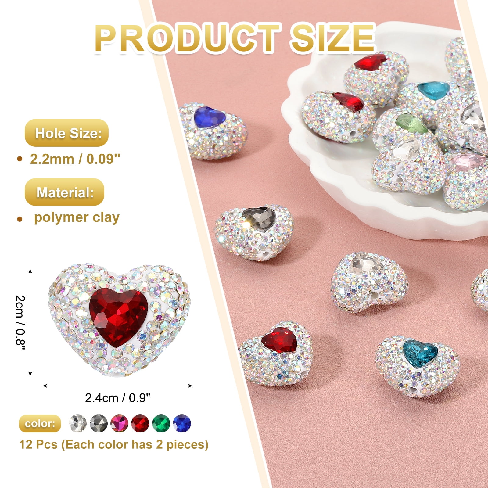 Uxcell 12Pcs Rhinestone Beads for Pens Heart Shape Fancy Focal Beads Bling Rhinestone for Beadable Pens Jewelry Making Keychain DIY Handicrafts(Jewel and Neutral Tones)
