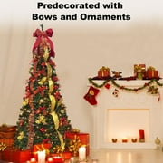 6FT Pop Up Christmas Tree Artificial with Remote, Pull Up Christmas Tree with Pre-lit 200LED Warm Lights, Holiday Party Decorations Red Gold