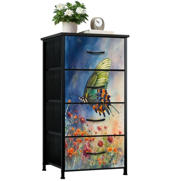 Boho Dresser for Bedroom with 4 Storage Drawers Dynamic Watercolor Butterfly Vibrant Wildflower Field Dressers Chest of Drawers Steel Framed Fabric Closet Organizers for Entryway