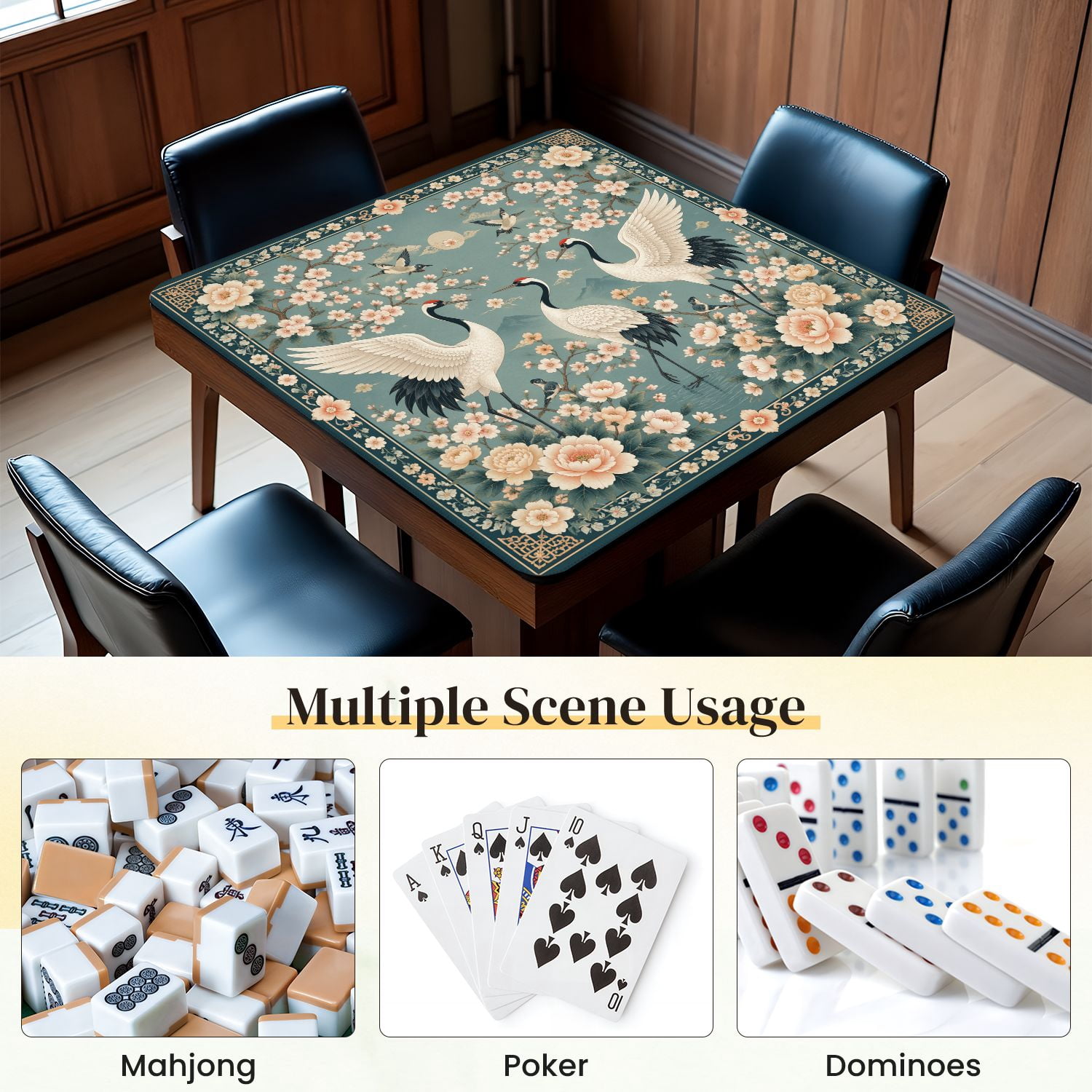 Mahjong Mat 31.5" x 31.5" Elegant Oriental Crane Cherry Blossoms Peonies Birds Soft Pastel Non-Slip Noise Reduction Mahjong Tiles Table Cover for Dominoes Poker Card Board and Tile Games