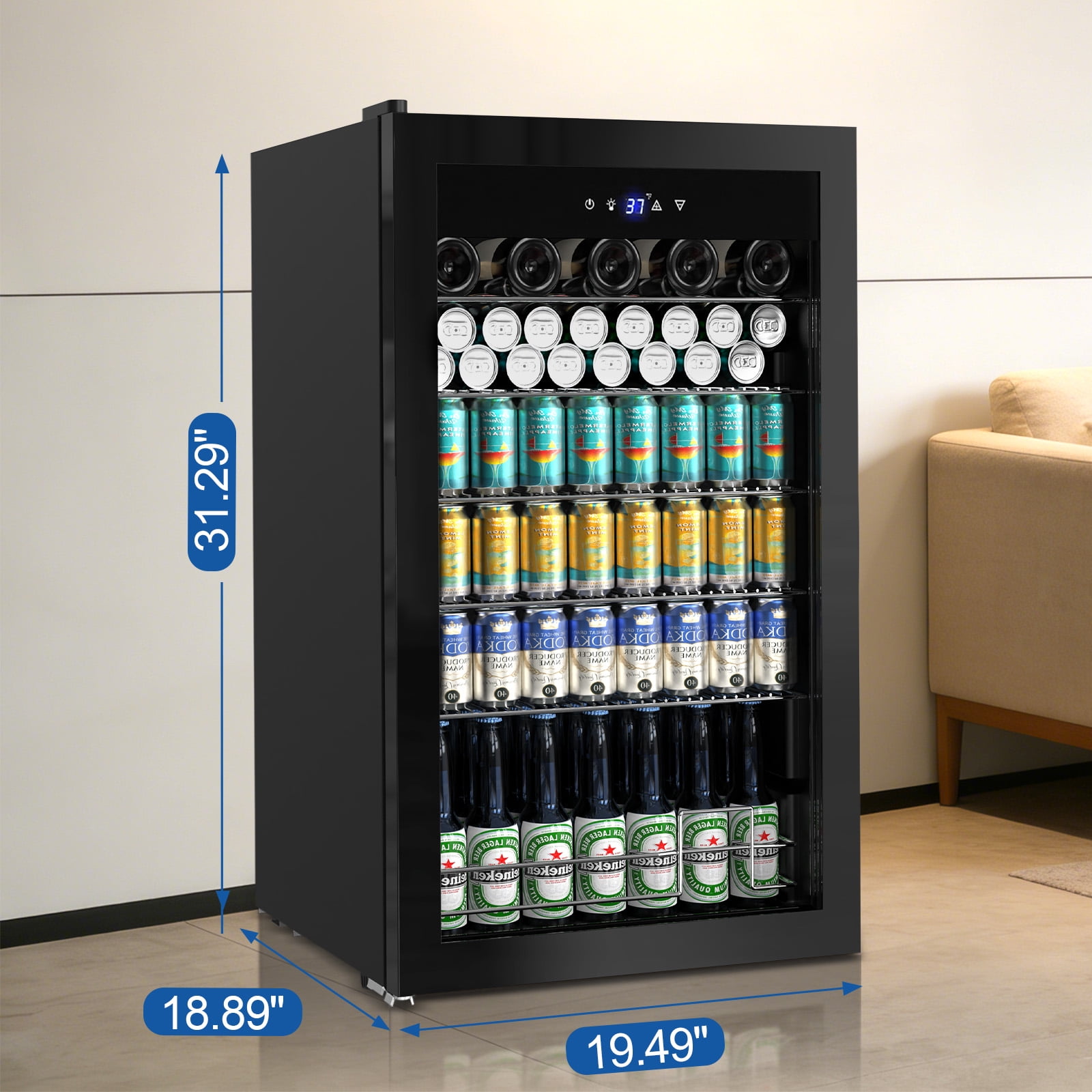 TITTLA 150 Can Beverage Refrigerator with Glass Door,Extra Bottles Rack,Touch Control Panel,Freestanding Mini Fridge,Black