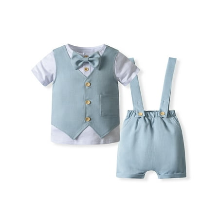 

Toddler Baby Boy Gentleman Set Short Sleeve Button Bowtie T-Shirt+Suspender Shorts+Waistcoat Outfits