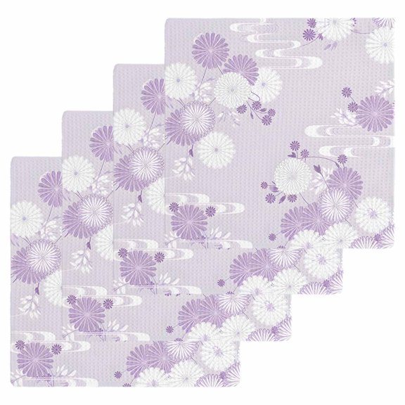 Purple White Floral Kitchen Dish Towels for Drying Dishes Set of 4, Spring Botanical Leaves Farmhouse Waffle Weave Microfiber Hand Tea Bathroom Towels Quick Dry & Absorbent Towel 12x12