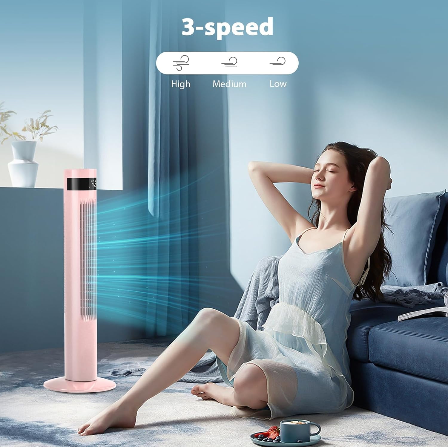 KISSAIR 35" Tower Fan Portable Floor Fans with Remote Control & 12H Timer 3 Speeds Wind 3 Modes, Pink