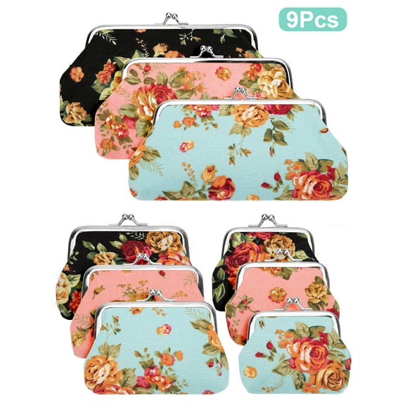 TSV 9pcs Floral Buckle Vintage Coin Purses, 3 Sizes Canvas Vintage Pouch Gift for Women, Kiss Lock Coin Purse
