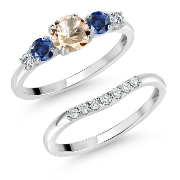 Gem Stone King 10K White Gold Peach Morganite Blue Created Sapphire and White Lab Grown Diamond 5 Stone Bridal Engagement Wedding Ring Set for Women (0.79 Cttw, Round: 5MM and 3MM, Size 8)
