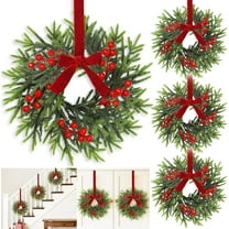Guvpev 4 Pcs Mini Christmas Wreath for Cabinets Kitchen, 11 Inch Hanging Small Christmas Wreaths with Red Bows Cedar Branchs Red Berry Clusters for Kitchen Cabinet Fireplace Window Front Door Wall