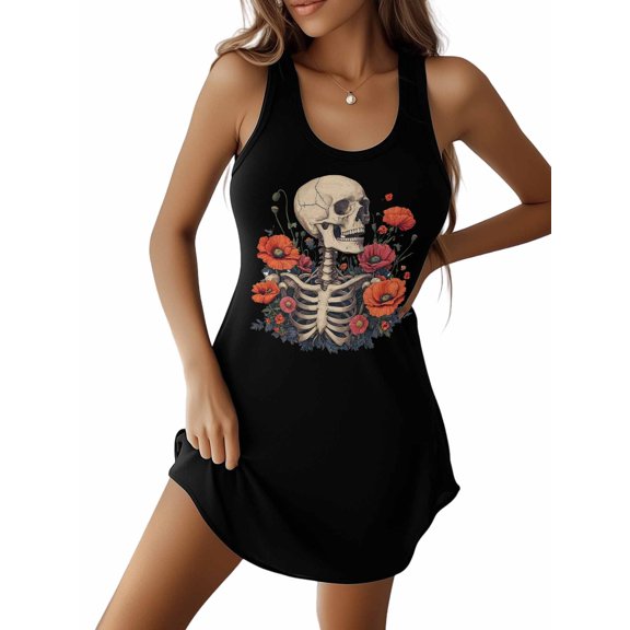 Summer Sundress for Women Retro Flower Poppy Skeleton Skull U Neck Sleeveless Tank Dresses Short Casual Sun Dresses Black, L