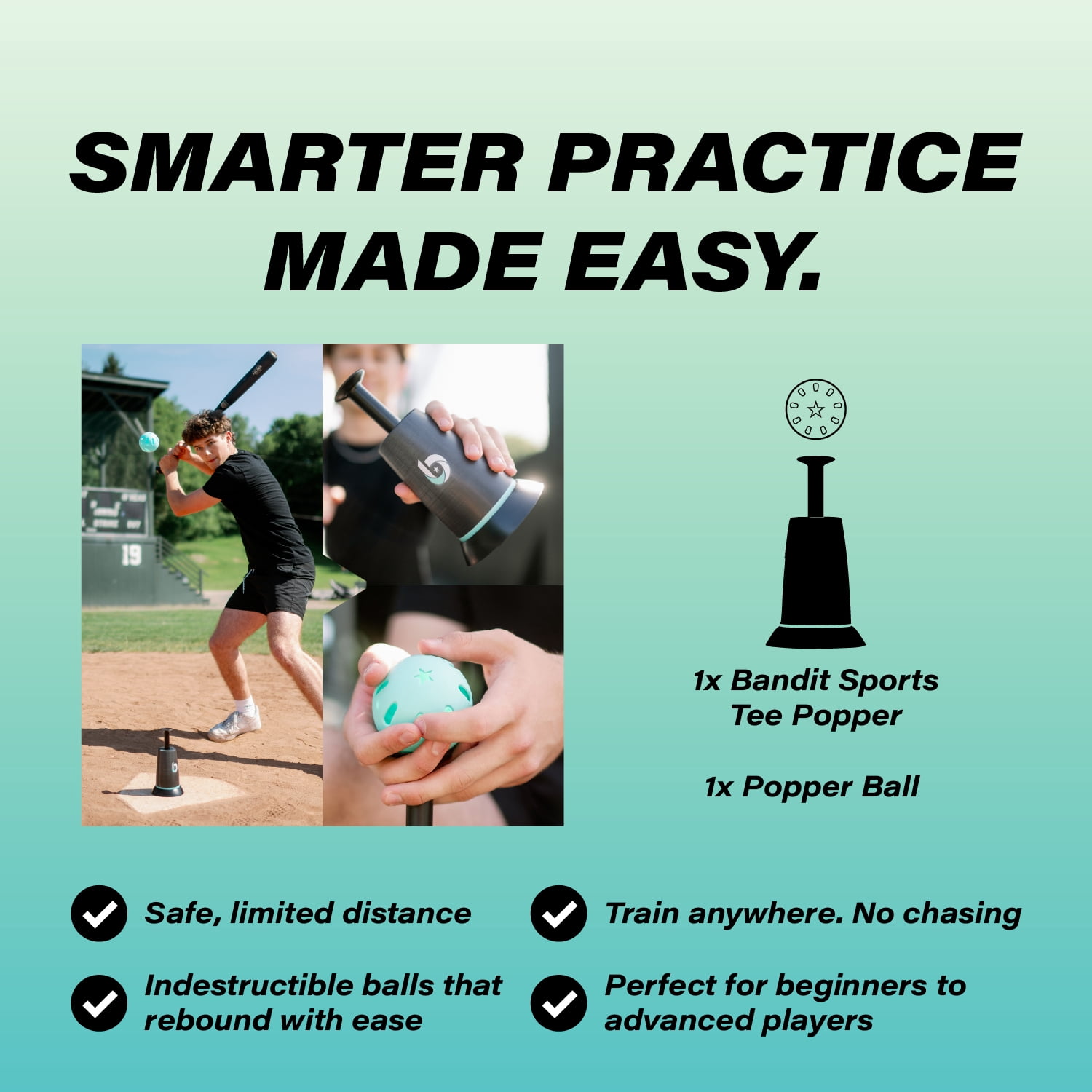Bandit Sports Tee Popper Baseball Training Ball Launcher, Hands-Free Solo Practice for Hitting, Fielding & Reaction Drills