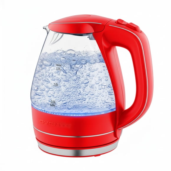 OVENTE Electric Kettle, 1.5L Borosilicate Glass Countertop Water Heater and Boiler for Coffee or Tea, BPA-Free, Auto Shut-Off, Boil-Dry Protection, R