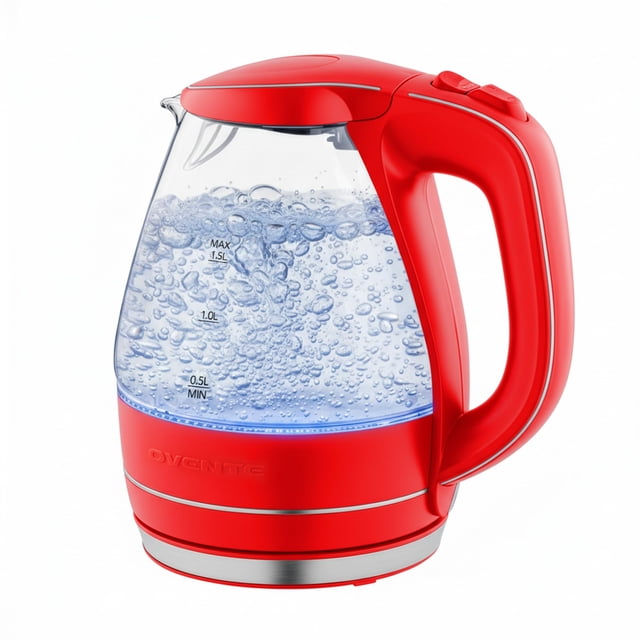 OVENTE Electric Kettle, 1.5L Borosilicate Glass Countertop Water Heater and Boiler for Coffee or Tea, BPA-Free, Auto Shut-Off, Boil-Dry Protection, R