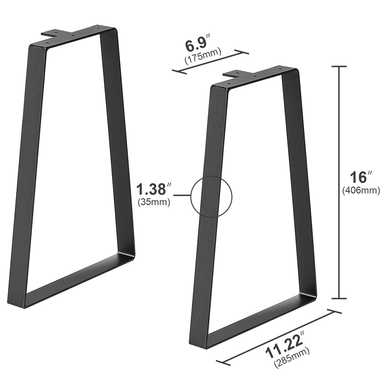 KFFKFF 16" Steel Trapezoid Legs, 2-Pack for Crafting Tables, Desks, Benches, Sofas, Supports up to 400 lbs, Durable, Easy Install, Black